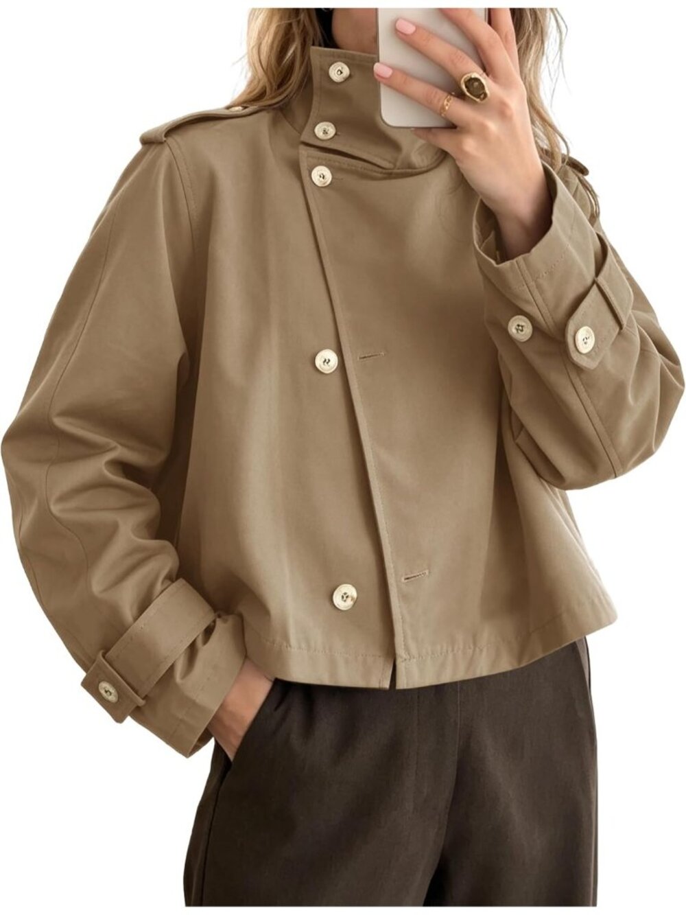 Women’s Khaki High Neck Cropped Button Down Windbreaker Jacket Trench Coat